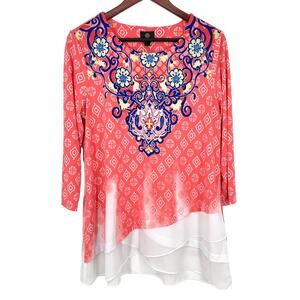 JM Collection Sz Medium Pink Stretchy Floral Tropical Blouse Shirt Top Summer